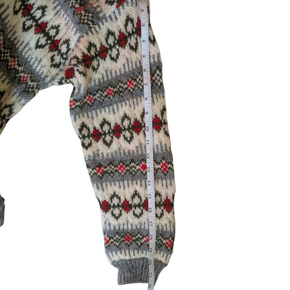 Vtg Nordic Wool Sweater Classic Fair Isle Metal Buttons Cream Gray Red - Picture 5 of 10